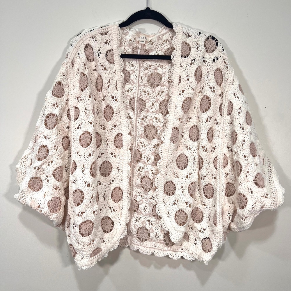 POL Boho Crochet Open Knit Cardigan Oversized Chunky Cream Taupe